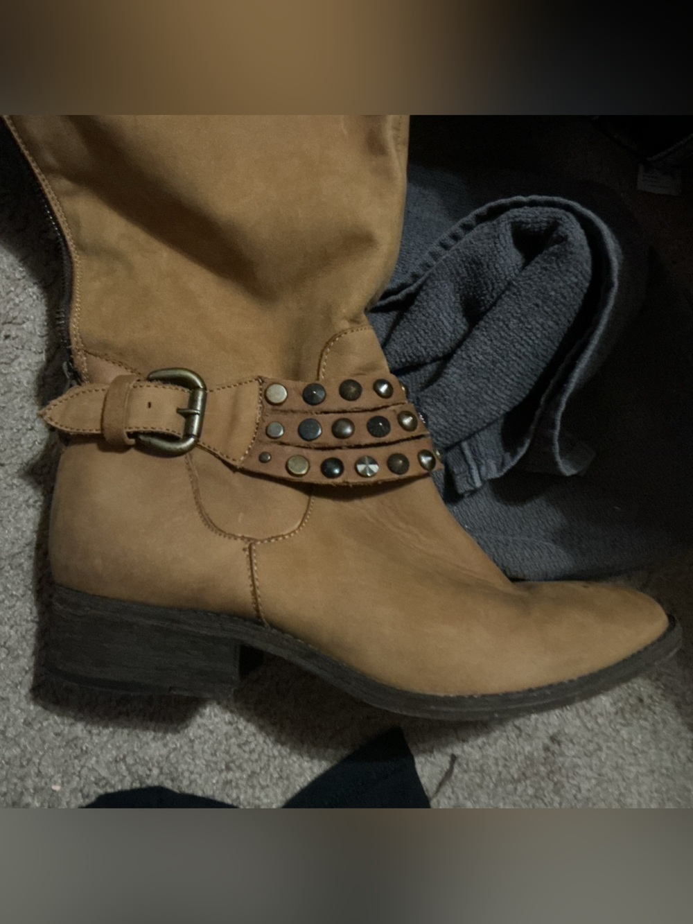 Women’s Tan Studded Buckle Mid-Calf Boot